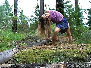 Hairy girl jerking in nature